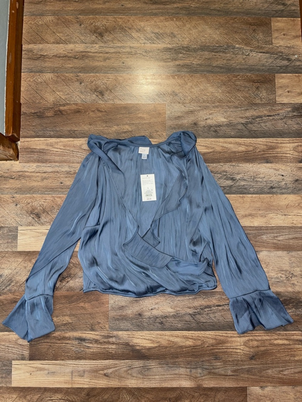 A New Day NWT Silky Slate Blue Ruffle Wrap Blouse size L